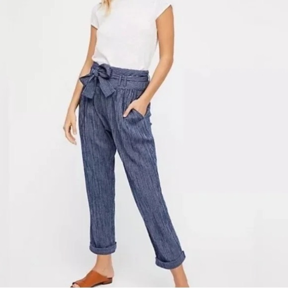 Free People Pants - Free People Rumors Striped Blue Paperbag Harlem Waist Pants